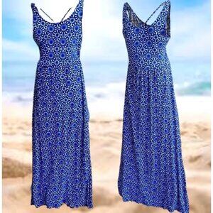 SO Maxi Dress Girls Sz M Blue White Floral Sleeveless Strappy Front Side Slits